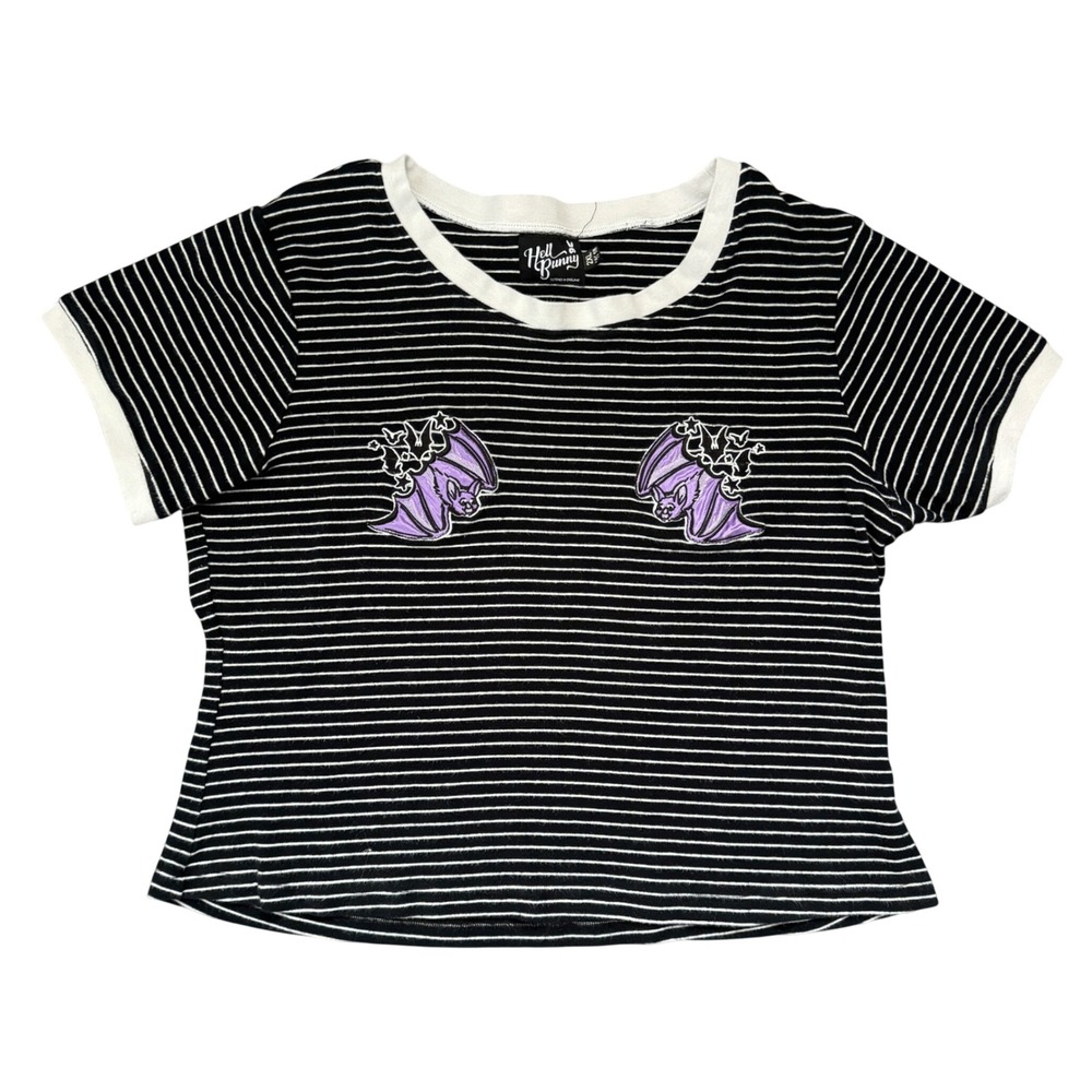 Hell Bunny Womens 2XL Black White Striped Purple Bat Patch Ringer T-Shirt